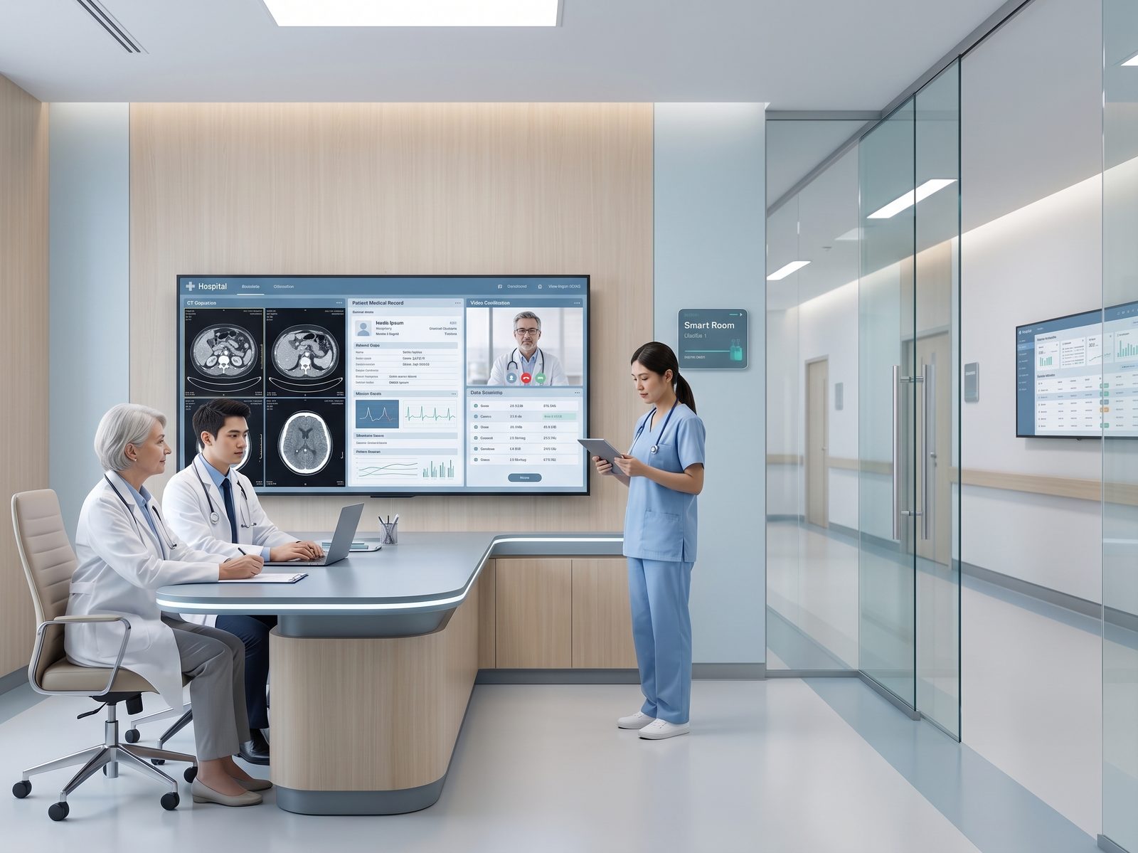 Smart Healthcare Solutions — ห้องตรวจอัจฉริยะ แสดงเวชระเบียน ภาพ CT/MRI และการปรึกษาแพทย์ทางไกลบนจอเดียว